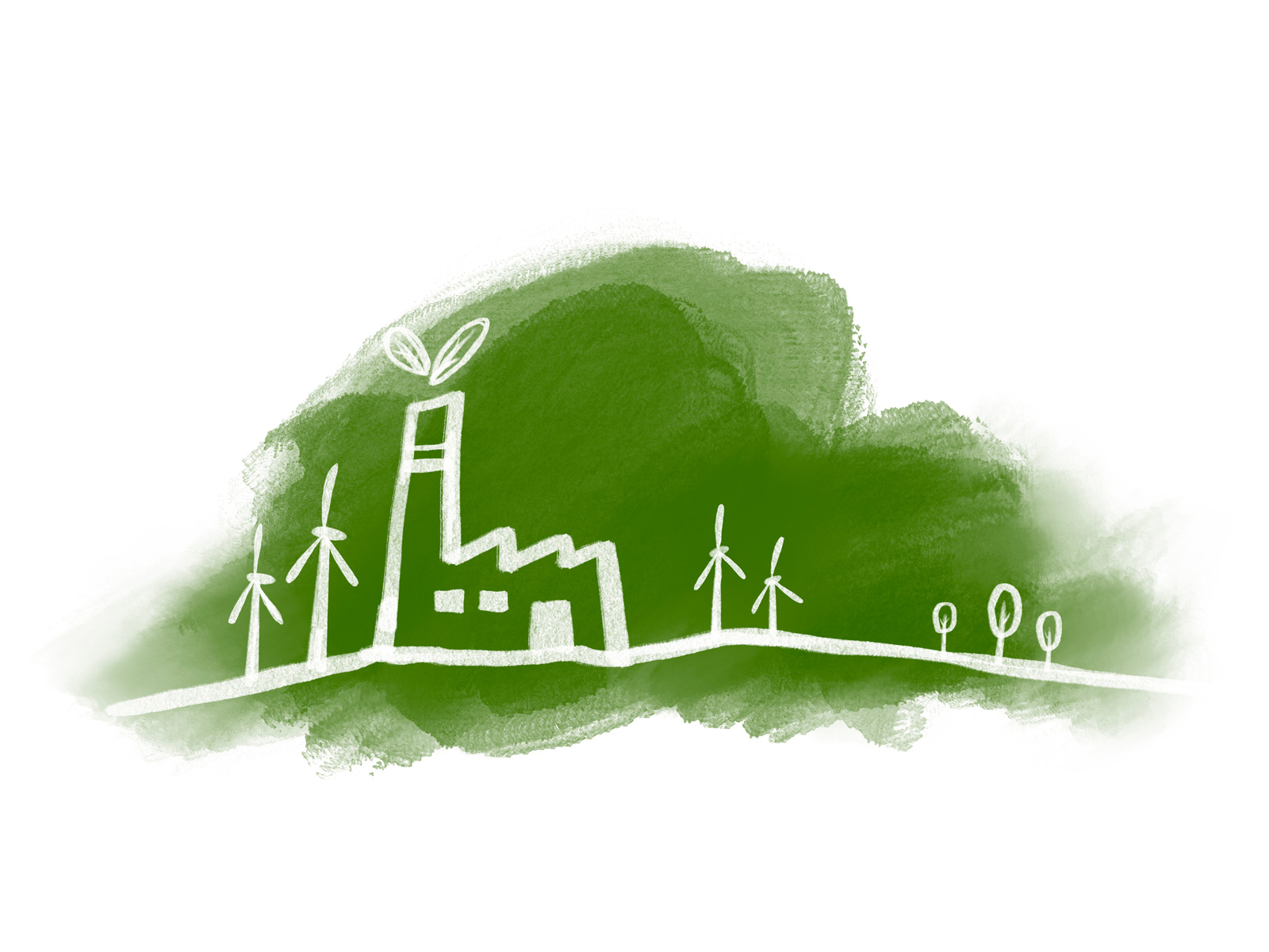 Grüner Hintergrund mit einem Fabrikgebäude und Windenergieanlagen